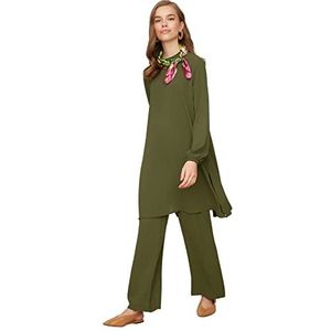 Trendyol Vrouwen Plain Elastische taille gedetailleerde geweven tuniek bescheiden boven-onder sets, Groen, 40