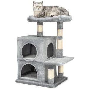 lionto krabpaal voor katten met 2 grotten & comfortabele ligplaats, hoogte 80 cm, kattenboom met pluchen bal incl. belletje, met sisaltouw & pluche, geschikt voor kleine & grote katten, lichtgrijs