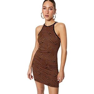 Trendyol Mini Bodycon getailleerde gebreide jurk voor dames, Turuncu-çok Renkli, 38