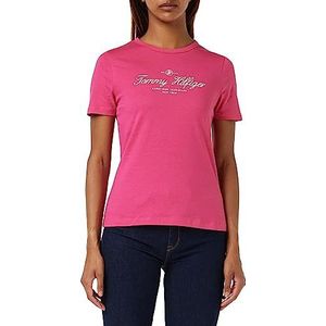 Tommy Hilfiger Dames T-shirt met korte mouwen ronde hals, roze (helder cerise roze), XXS, Roze (Bright Cerise Pink), XXS
