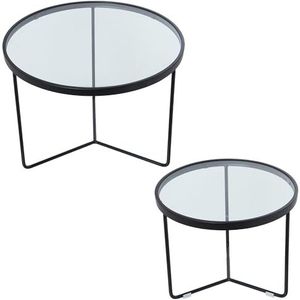 DRW Set van 2 ronde tafels van metaal en glas in zwart en transparant, 60 x 45 en 45 x 38 cm