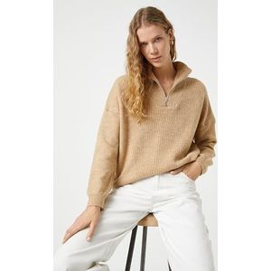 Koton Oversized sweater met halve rits, hoge hals, camel (100), L
