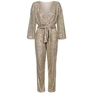 Swing Fashion Jumpsuit voor dames, elegant, feestelijke jumpsuit, feestjumpsuit, glitterjumpsuit, playsuit, broekpak, romper, pailletten-overall, V-hals, lange mouwen, goud, 38 (M)