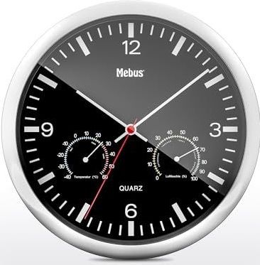 MEBUS - 56731 - Wandklok - Zilver/Zwart - Met Thermometer en Hygrometer - 25 cm Diameter