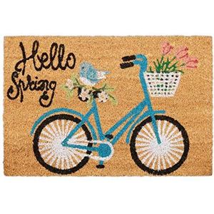 Relaxdays deurmat kokos, tekst ''Hello Spring'' & fiets print, kokosmat binnen & buiten, entreemat 40x60 cm, natuur