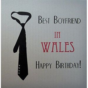 White Cotton Card-Best Boy Friend in Wales Happy Birthday handgemaakte Town kaart met zwarte Tie