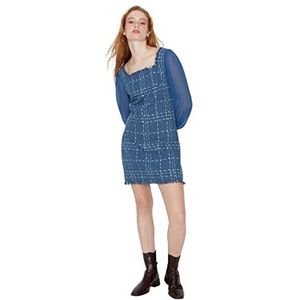 Trendyol Vrouwen vrouw slanke shift vierkante kraag geweven jurk, Donkerblauw, 68