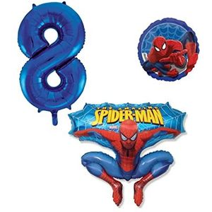 Spiderman Ballonset van 3 Spiderman folieballon, getal 8 in blauw, Spiderman rond