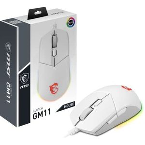 MSI CLUTCH GM11 WHITE Gaming muis - optische sensor 5.000 DPI, symmetrisch, 10Mio+ Click OMRON-schakelaars, 6 toetsen, 1 ms latentie, RGB Mystic Light, 89 g - bekabeld, wit