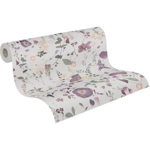 Vliesbehang - Bloemen - Paars Geel Groen - Lichte Achtergrond