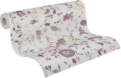 Vliesbehang - Bloemen - Paars Geel Groen - Lichte Achtergrond