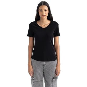 DeFacto Dames T-shirt V-hals - klassiek basic shirt voor dames - comfortabel T-shirt voor vrouwen, zwart, XXL