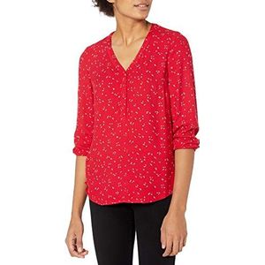 Amazon Essentials Women's Popover shirt met driekwartmouwen en knoopsluiting, Rood Bladerige bloemen, XS