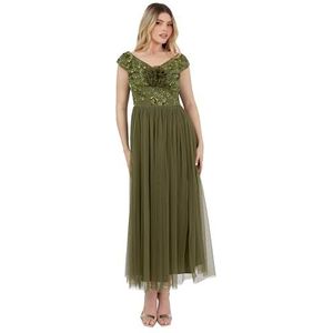 Maya Deluxe Midaxi-jurk voor dames, mouwloze off-shoulder bardot-pailletten, versierd met tule rozet bruidsmeisje, bruiloftsgast, Olijf, 34