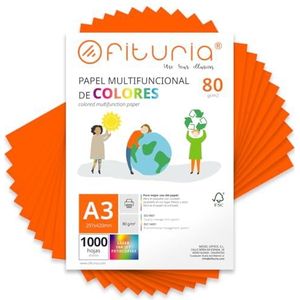 Kleurpapier, verpakking met 1000 vellen A3, 80 g, kleurrijk papier voor knutselwerk, printer, scrapbooking, ideaal voor Origami, Papyroflexia, kantoor en school (neonoranje, 1000 uur)