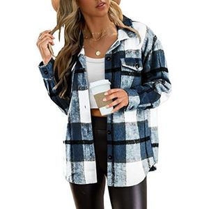 AUTOMET Womens Fall Outfits Fashion Clothes Shackets Flannel Plaid Button Down Long Sleeve Shirts Jackets Blue L