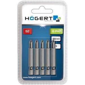 HÖGERT TECHNIK PH2 schroefbits 50 mm van S2-staal, 5 stuks, extreem robuust, HRC 58-60, 1/4"" zeskantschacht, DIN 3126, voor accu- en netschroevendraaier, nauwkeurig en duurzaam