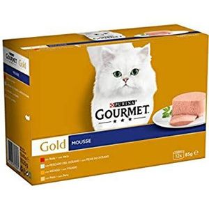 Gourmet Purina Mousse natvoer voor katten, verschillende smaken, 12 verpakkingen van 4 x 85 g, in totaal 4080 g