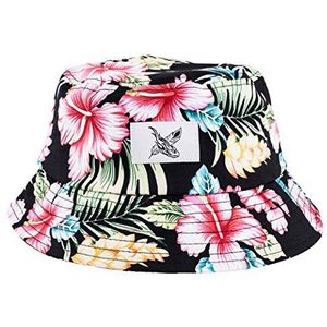Blackskies Bucket Hat Unisex zonnehoed vissershoed zwart wit met bloemenpatroon, Paradijs, Eén Maat