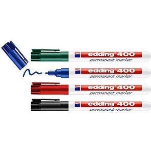 edding 400 permanent marker - zwart, rood, blauw, groen - 10 stiften - fijne ronde punt 1 mm - watervast, sneldrogend - wrijfvast - voor karton, kunststof, hout, metaal, glas
