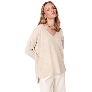 Trendyol Dames V-hals effen oversized sweater sweatshirt, beige, S, Beige, S