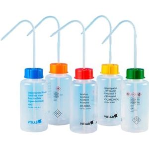 Vitlab VITsafe Polypropyleen veiligheidsspuitfles met rode Vent-dop schroefdop/spuitbuis, brede hals, GL 45 schroefdraad, methylethylketon, capaciteit 500 ml, 76 mm diameter, 166 mm hoogte, 6 stuks