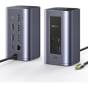 Baseus Nomos Air Docking Station USB-C, 12 in 1, dockingstation 2 monitoren, 2 x 4K HDMI, 10 Gbps USB-C/A, 100 W PD, Gigabit Ethernet, compatibel met laptop Dell/HP/Lenovo/Asus/Acer/Mac