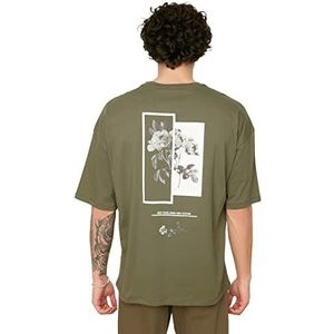 Trendyol Heren Khaki oversized ronde kraag bedrukt korte mouwen T-shirt extra groot