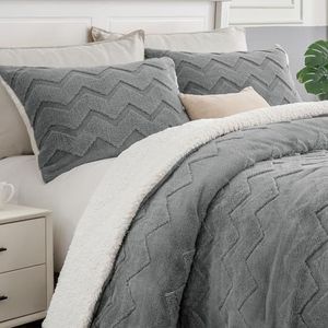 BEDELITE Pluizige kingsize dekbedset - superzacht sherpa-grijs dekbed voor kingsize bed, luxe warme beddengoedset voor de winter, donzig bedset 3-delig (1 dekbed, 2 kussenslopen)