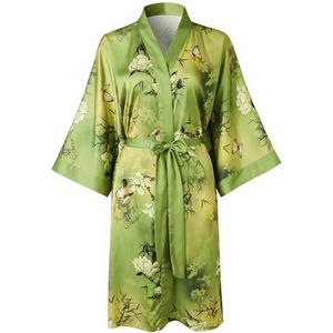 Ledamon Kimono voor dames, korte badjas voor dames, met zakken, bloemenbadjas, nachthemd, Groen Geel, One size