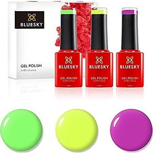 Blusky gel nagellakset, neon regenboog. Magenta Tropical Neon15, Neon08 Tastic Geel, Lime Neon02. 3 x 5 ml. Roze, groen (vereist verharding onder UV/LED -lamp)