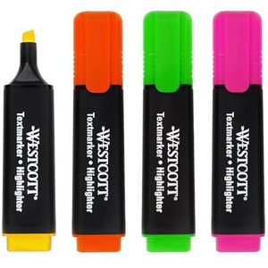 Westcott Markeerstiften, E-744249 00, 4 stuks in groen, geel, oranje, roze, verpakking van 4 stuks, highlighter markers in heldere kleuren, lijndikte van 2-5 mm, premium inkt uit Duitsland