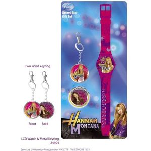 Hannah Montana jeugdhorloge set met LCD-klok en sleutelhanger met dubbele afbeelding 13x2x27 cm - 24404
