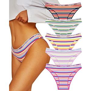 FINETOO Katoenen ondergoed voor vrouwen brutale hoge snit ademend stretch sexy dames hipster bikini slipje pak S-XL, Kleurrijke strepen 5a, S-M