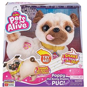 Pets Alive Zuru 9521 - Poppy the Booty Shakin Pug, pluche mopshond, beweegt hoofd en kont en draait rond, speelt 3 schattige liedjes