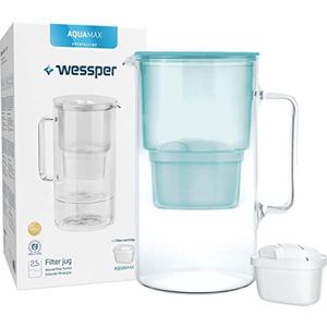 Wessper Glazen waterfilter-karaf compatibel met Brita waterfilter patronen, Inclusief 1 filter, Vermindert kalk, chloor, zware metalen, 2.5 Liter, Mint