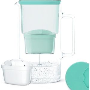 Wessper Glazen waterfilter-karaf compatibel met Brita waterfilter patronen, Inclusief 1 filter, Vermindert kalk, chloor, zware metalen, 2.5 Liter, Mint