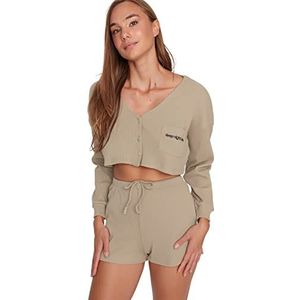 Trendyol Dames effen knoop gedetailleerde midden gebreide T-shirt-korte pyjama set, Beige, XXL