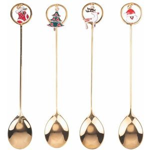 Kerstlepel, goudkleurig, met hanger, Kerstmis, 4 stuks