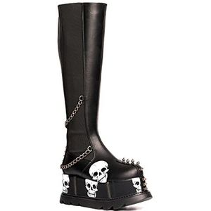 LAMODA - Eerie Knee High Chunky Wedge Boots, EU 37, Black Pu Skull, 37 EU