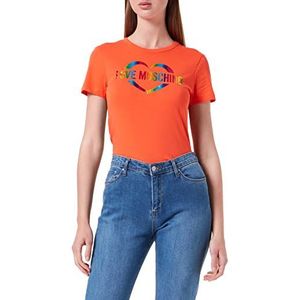 Love Moschino Dames Slim Fit in Cotton Jersey met Hart Multicolor Foil Print. T-Shirt, oranje, 40 NL