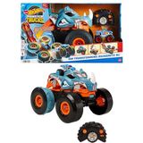 Hot Wheels Monstertrucks HW Radiografische Bestuurbare Transformerende Rhinomite (schaal 1:12) met Race Ace speelgoedauto (schaal 1:64), verandert in lanceerder, kan koppelen aan oranje baan, HPK27