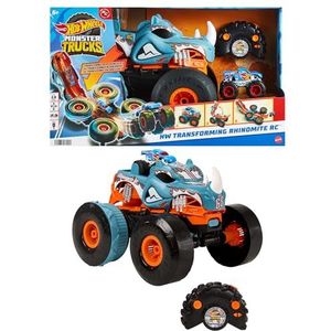Hot Wheels Monstertrucks HW Radiografische Bestuurbare Transformerende Rhinomite (schaal 1:12) met Race Ace speelgoedauto (schaal 1:64), verandert in lanceerder, kan koppelen aan oranje baan, HPK27