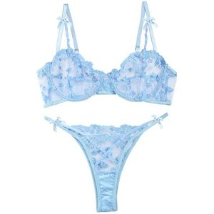Lilosy Lingerieset met push-up bh, onderdraad, geborduurde mesh, doorschijnende stof, strappy details, see through panty, S