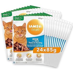 IAMS Delights Kattenvoer nat met tonijn en haring in gelei, volwaardig natvoer voor volwassen katten, 24 x 85 g zak