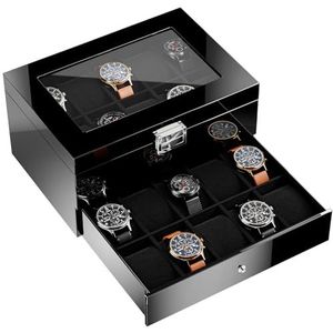 ProCase Houten horlogedoos voor mannen, 20 sleuven grote horloge-organizer met glazen deksel, 2-traps gelakte showbox voor het opbergen van polshorloges -zwart