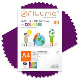 Kleurpapier, verpakking met 50 vellen A4, 80 g, kleurrijk papier voor knutselwerk, printer, scrapbooking, ideaal voor Origami, Papyroflexia, kantoor en school (paars, 50 h)