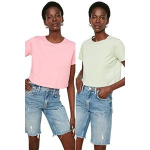 Trendyol Dames Roze Mint 100% Katoen Ronde kraag 2 Pack Crop gebreid T-shirt, Small