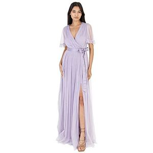 Anaya with Love Maxi-jurk voor dames, V-hals, korte mouwen, ruches, lange Empire-taille voor bruiloftsgast, bruidsmeisje, bruidsmeisje, Stoffige Lila, 34
