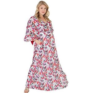 Lovedrobe Vrouwen Zomer Plus Size Jurken Curve Dames Cape Mouw V-hals Strikje Maxi Lange Lengte Voor Bruiloft Gast Bloemenprint, Rood, 48